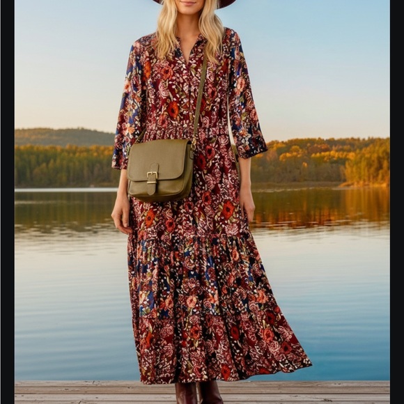 Coldwater Creek Woodland Wonder Maxi Dress Burgundy Floral Sleeve Dress Size 2X - Picture 12 of 14